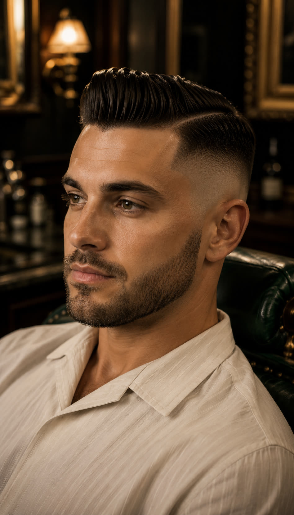 A sharp skin-fade and styled top, finished at High Society Shave Parlor