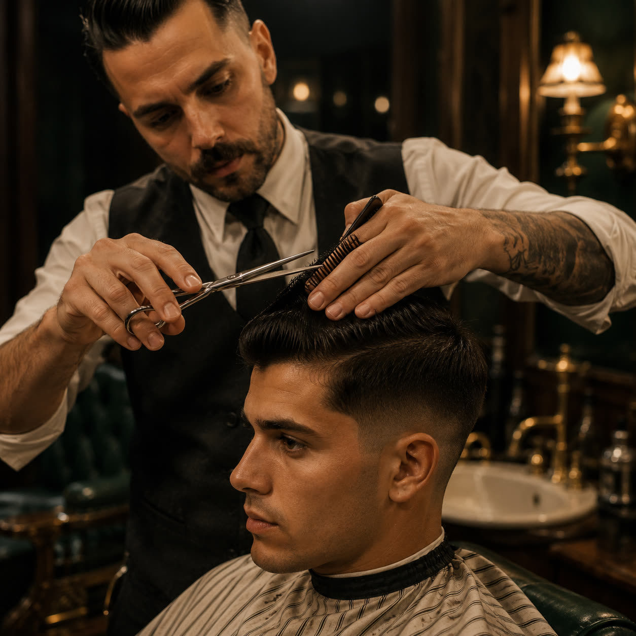 A barber mid-cut, scissors over comb