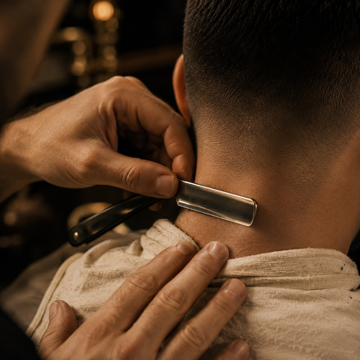 A straight-razor neckline finish