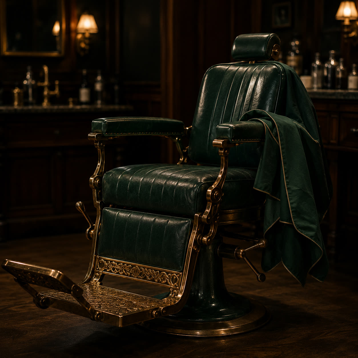 The vintage barber chair with green cape and brass detail