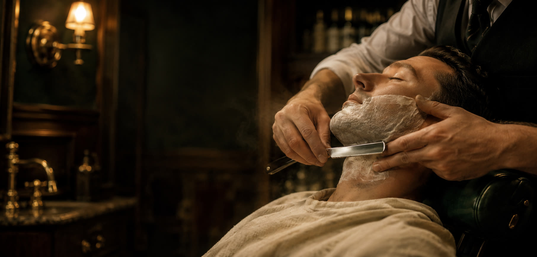 A hot-towel straight-razor shave in progress at High Society Shave Parlor