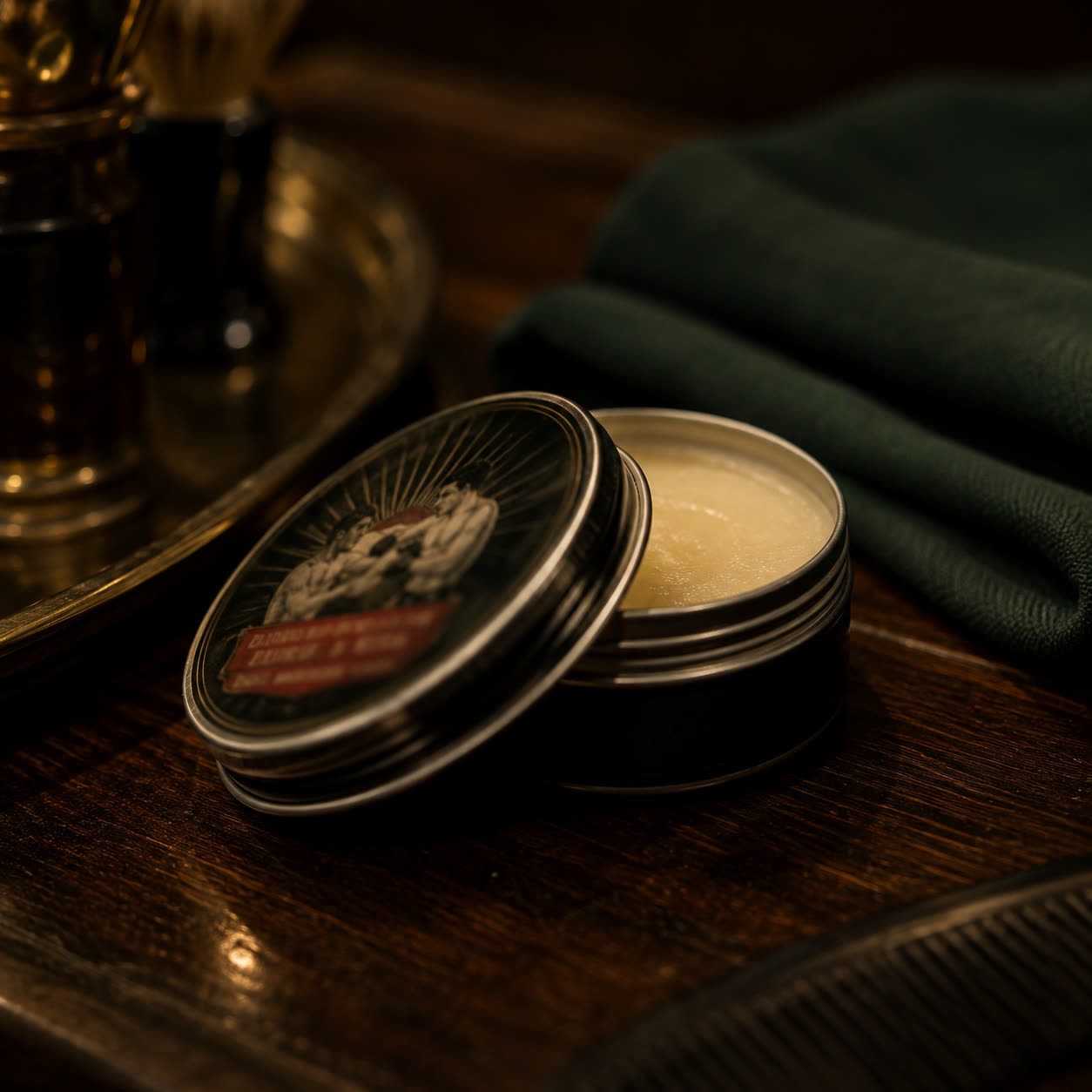 Pomade tin on a brass tray