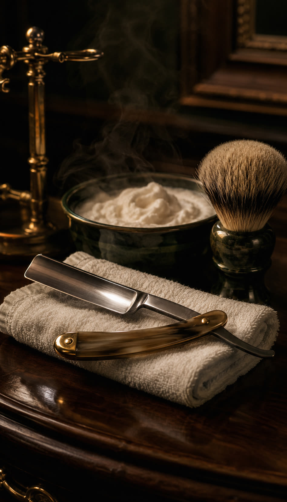 A honed straight razor resting on a folded hot towel with a lather bowl