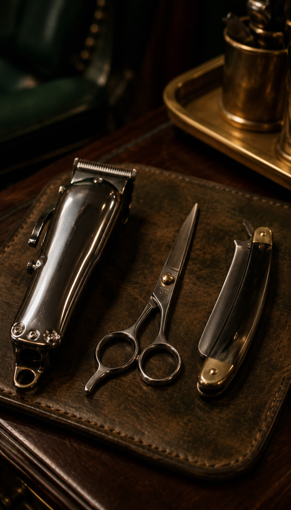 Clippers, shears, and a straight razor laid out on leather