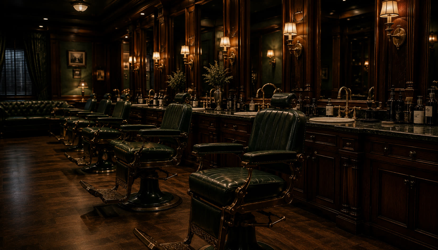 The interior of High Society Shave Parlor: barber chairs, mirrors, mahogany and brass